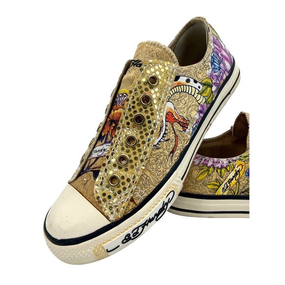 Vtg Y2K Ed Hardy Yellow Canvas Sneakers| McBling Grunge Sleaze Baddie Streetwear - Picture 14 of 16